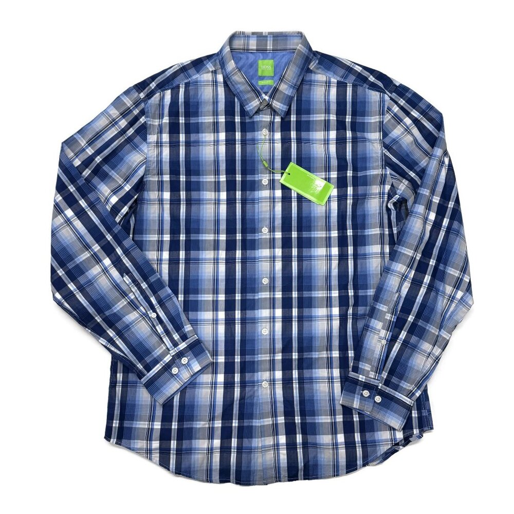 Hugo Boss NWT Green Label Button Up Shirt Mens XXL Blue Plaid Cotton Long Sleeve